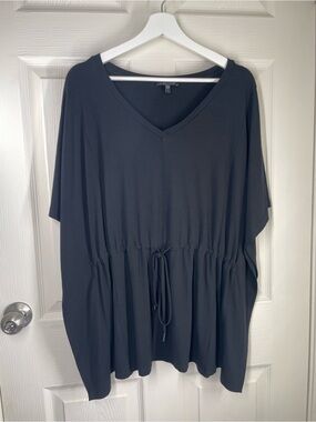 Eileen Fisher Black Viscose Stretch Jersey V-Neck Drawstring Cover-Up Tunic L
